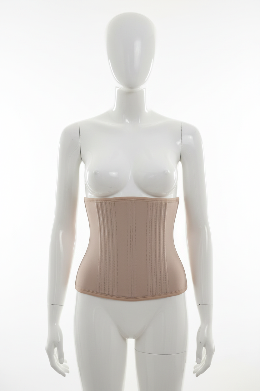 Corset gainant brésilien Divas beige nude vue face mannequin plastique fond blanc