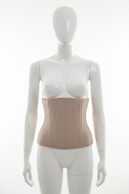 Corset gainant brésilien Divas beige nude vue face mannequin plastique fond blanc