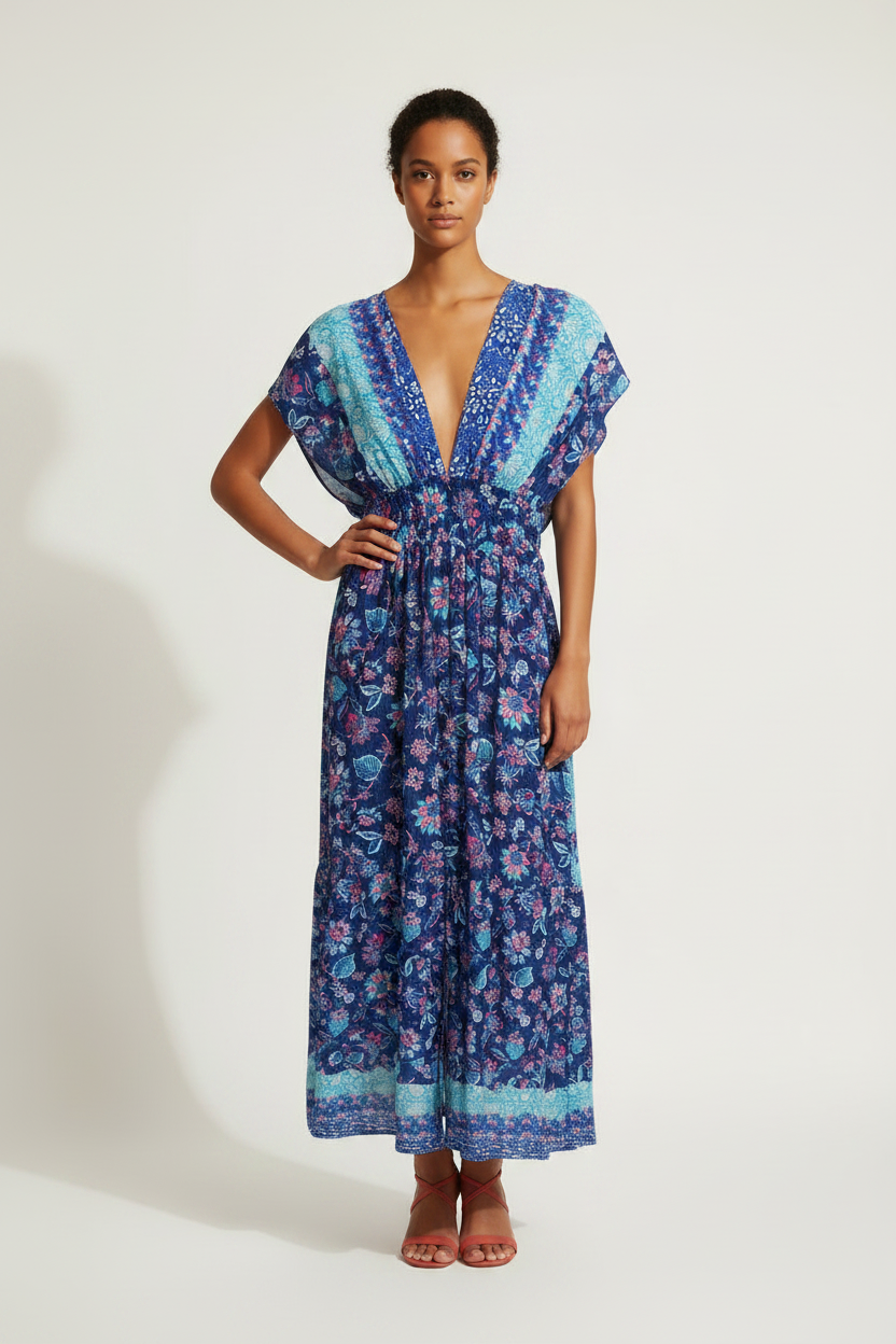 Robe Maxi Bohème Bleue Patchwork Floral Dos Nu - Taille Unique