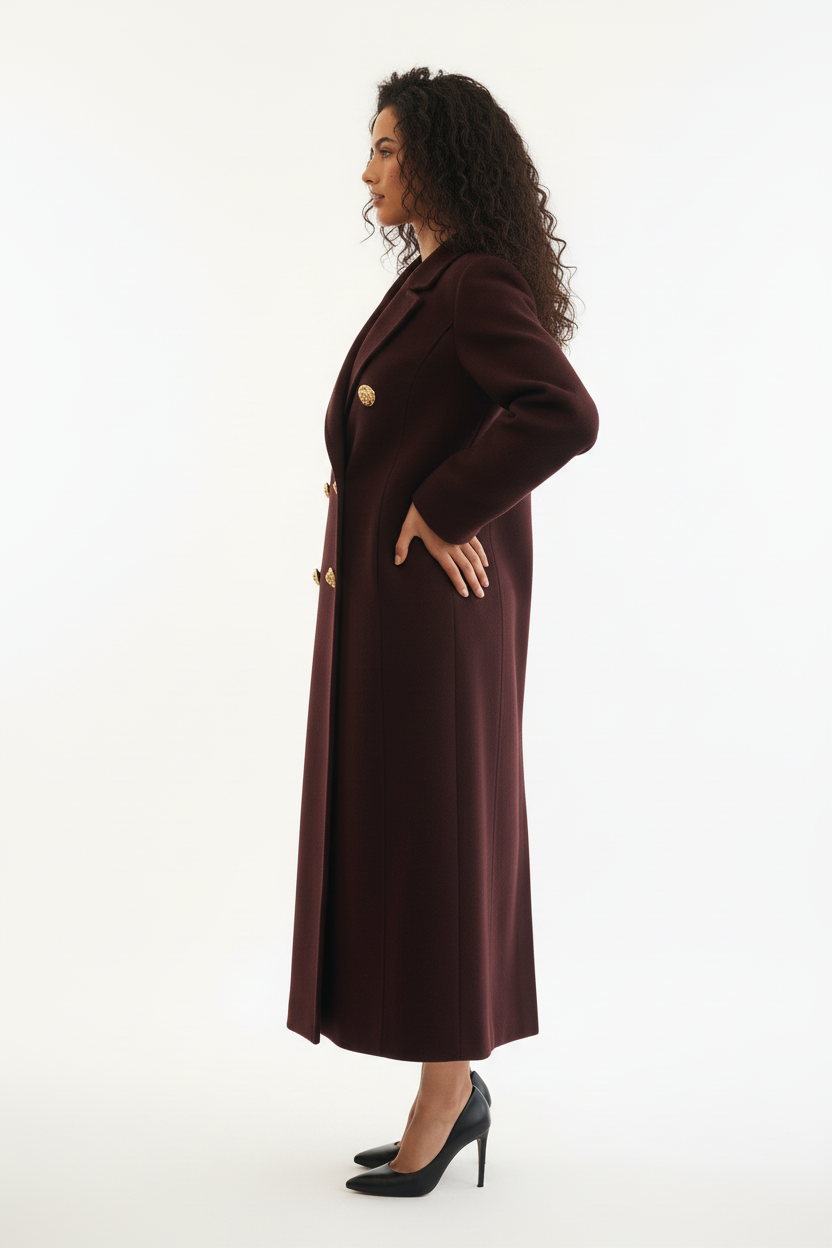 Manteau Long Chocolat Boutons Dorés - Taille L - Made in Italy - Pièce unique