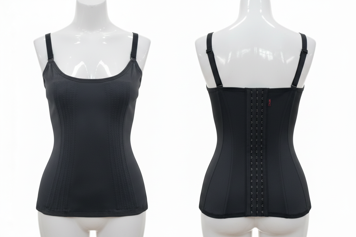 Corset gainant brésilien Divas noir ghost mannequin face armatures et dos fermeture crochets fond blanc