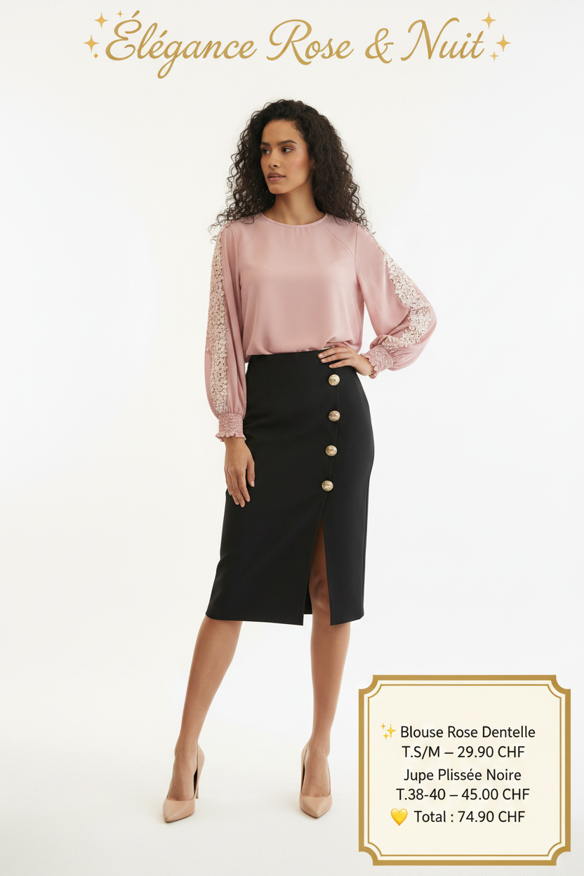 Look Élégance Rose & Nuit – Blouse rose dentelle et jupe plissée noire, Modèle C