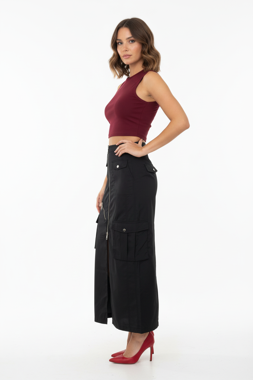 Jupe Longue Cargo Noire Multi-Poches Zips Argentés - Trendy.ing - Taille M - Made in Italy - Pièce unique