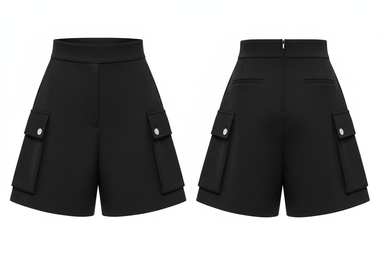 Short cargo noir taille haute poches pression - Follow-Your - Taille S - Made in Italy - Pièce unique