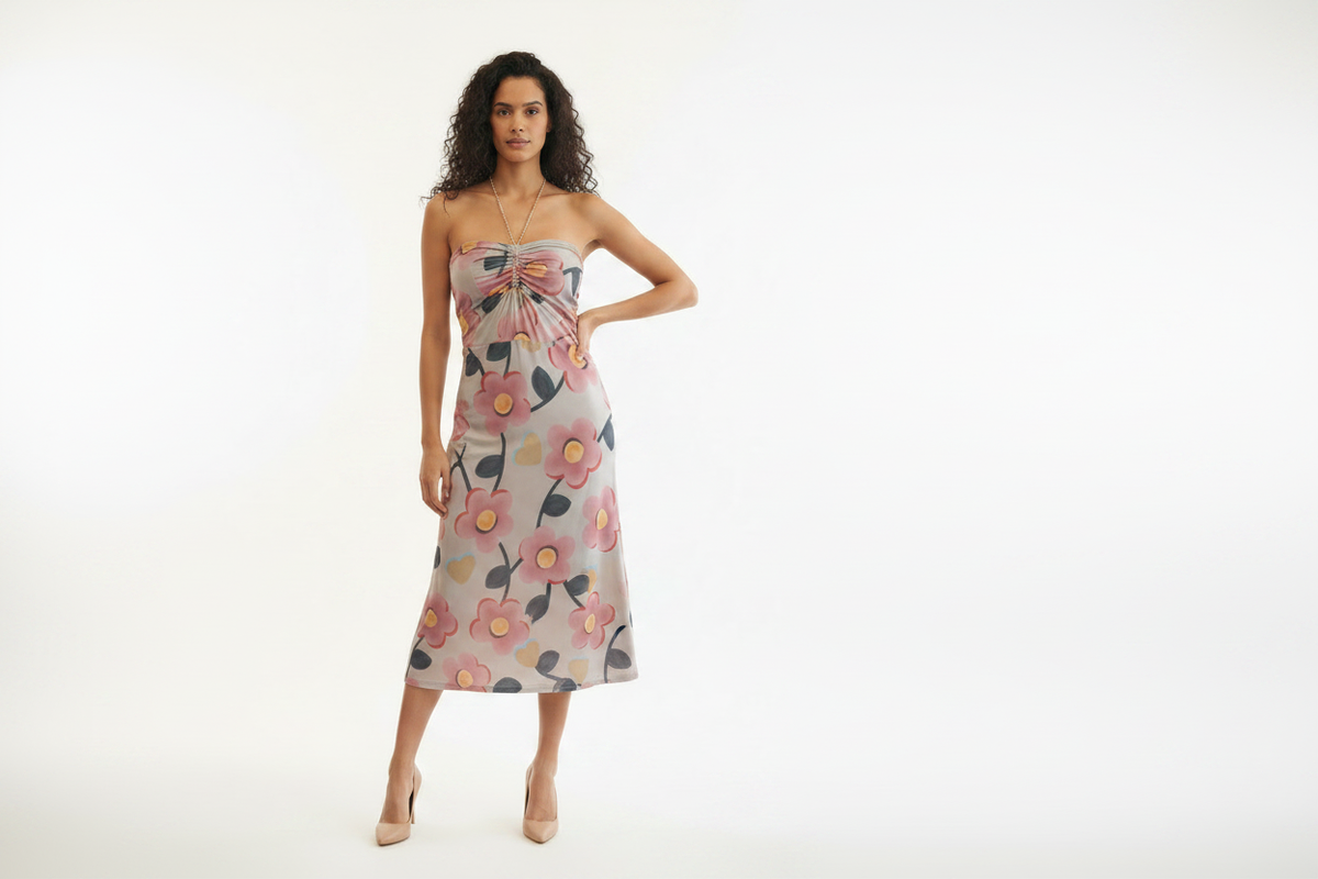 Robe midi florale halter Remanescente vue face mannequin fond blanc taille 38