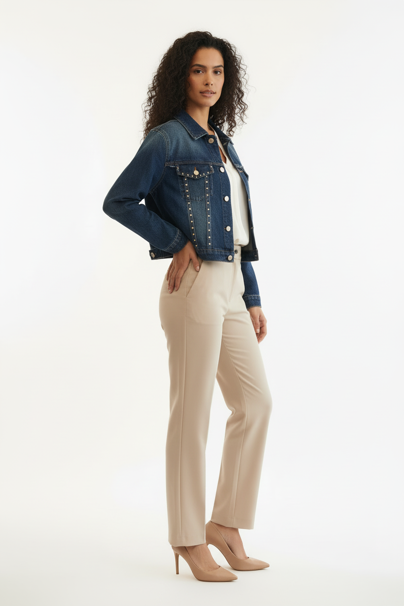 Veste en jean studs & effilochée - Angelica 2000 - Taille L - Made in Italy - Pièce unique