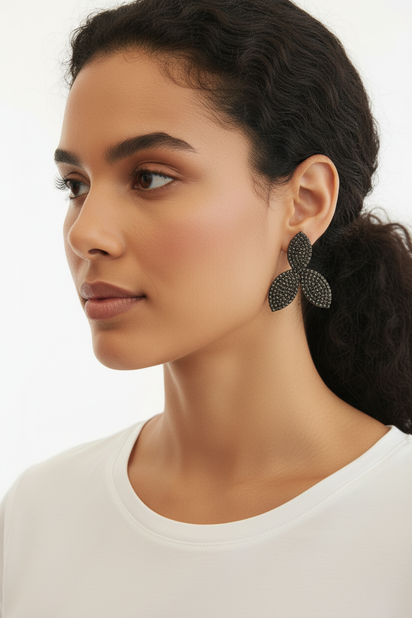 Boucles d'oreilles Double Feuille Strass Anthracite