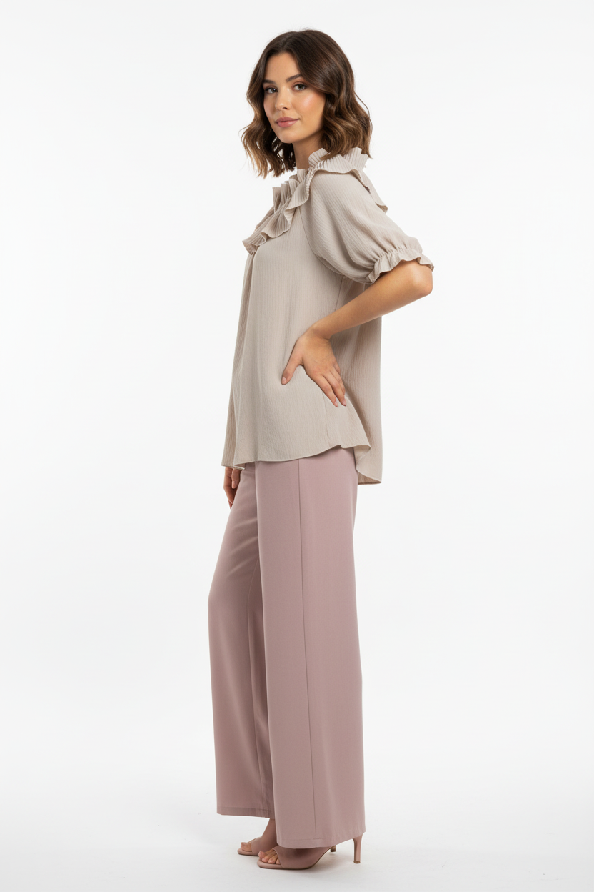 Top Col Volant Plissé Beige – Italy Moda – Taille 36-40 - Made in Italy - Pièce unique