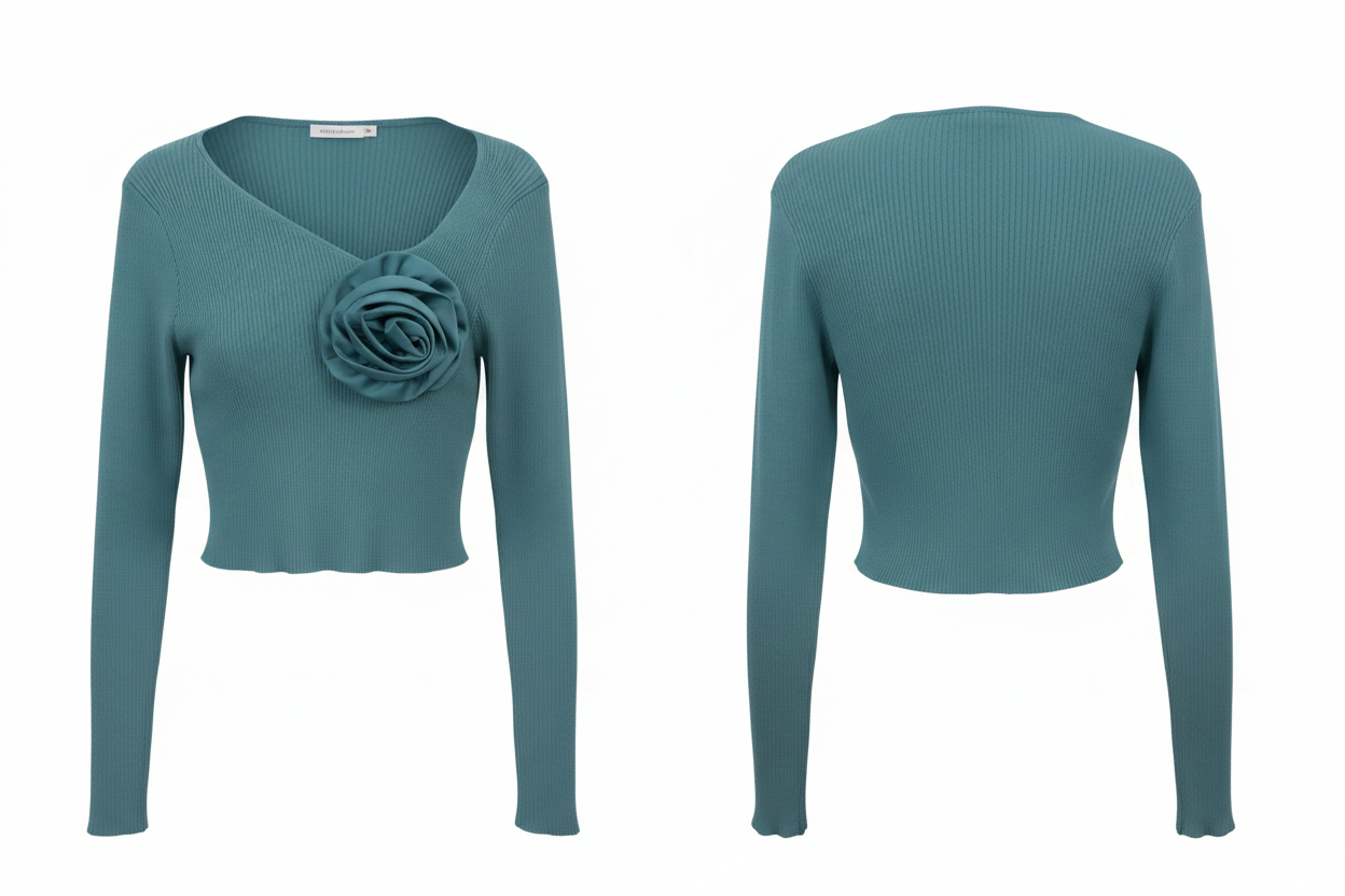 Top crop rose 3D vert canard Vinceotto ghost mannequin face et dos fond blanc
