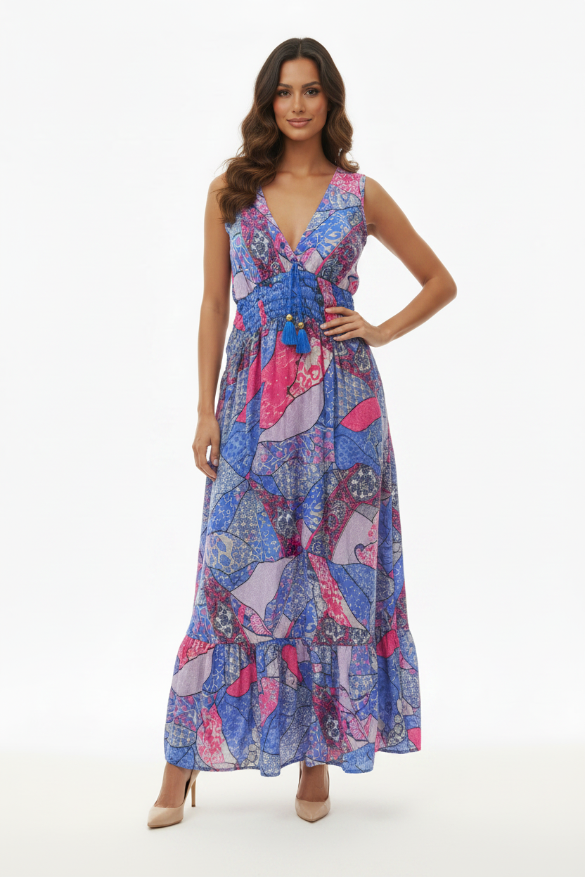 Robe Maxi Oriental Patchwork Bleu Rose Col V Pompons - Taille Unique