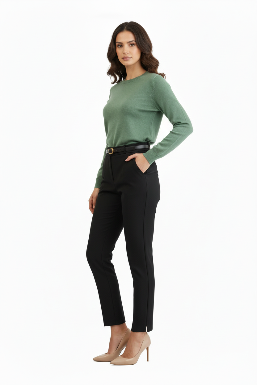 Pantalon Noir Taille Haute - Ceinture - Forget-me-not - Taille XL - Made in Italy - Pièce unique