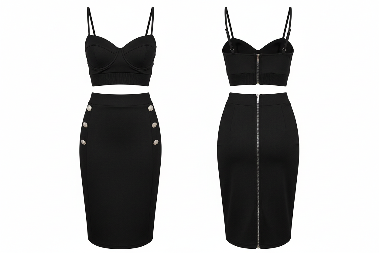 Ensemble Jupe & Bustier Noir VINCEOTTO - Boutons Argentés & Zip - Taille S - Made in Italy - Pièce Unique