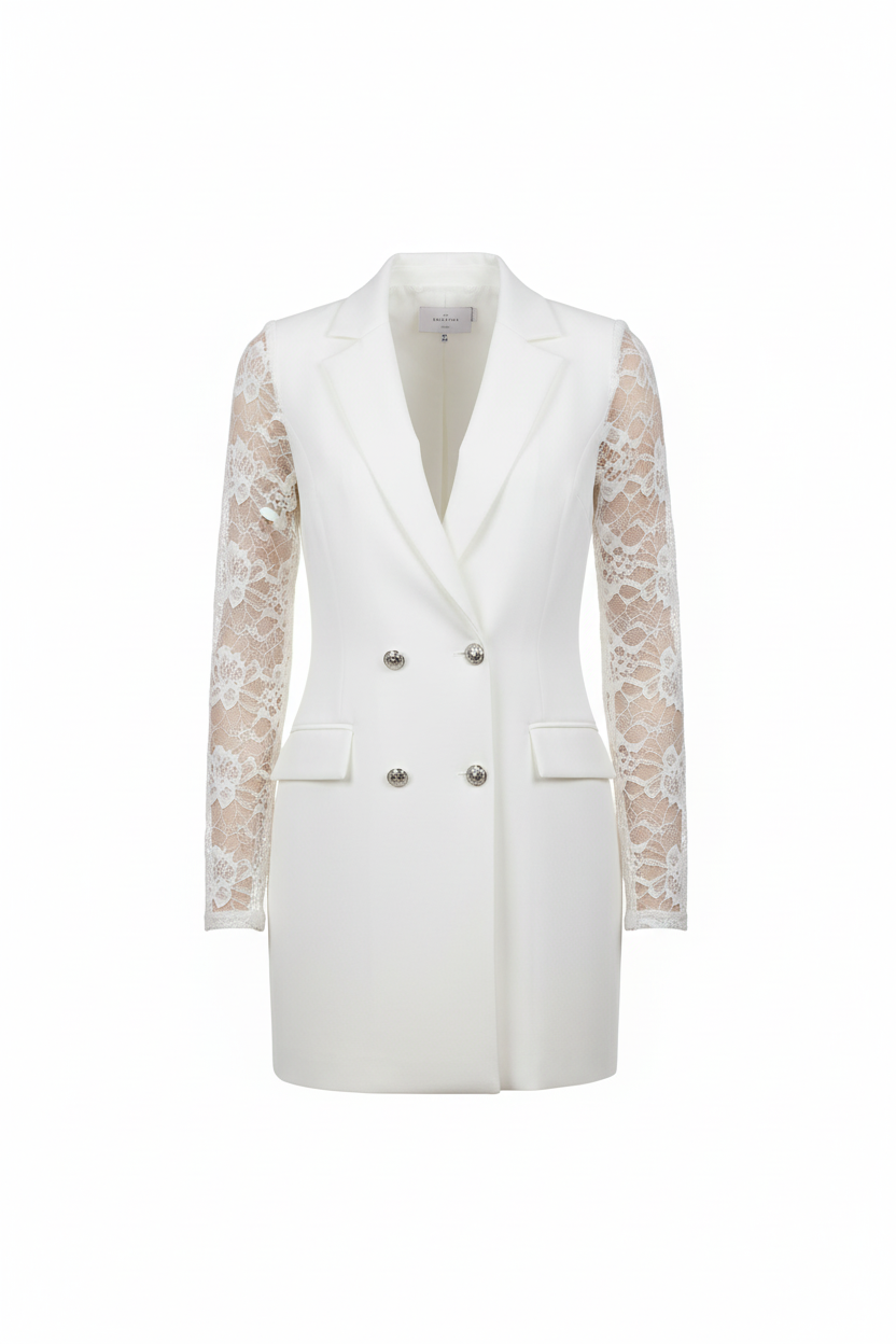 Combi-Short Blazer Blanc Chic Dentelle – Élégance Estivale - Taille S/L - Made in Italy - Pièce unique