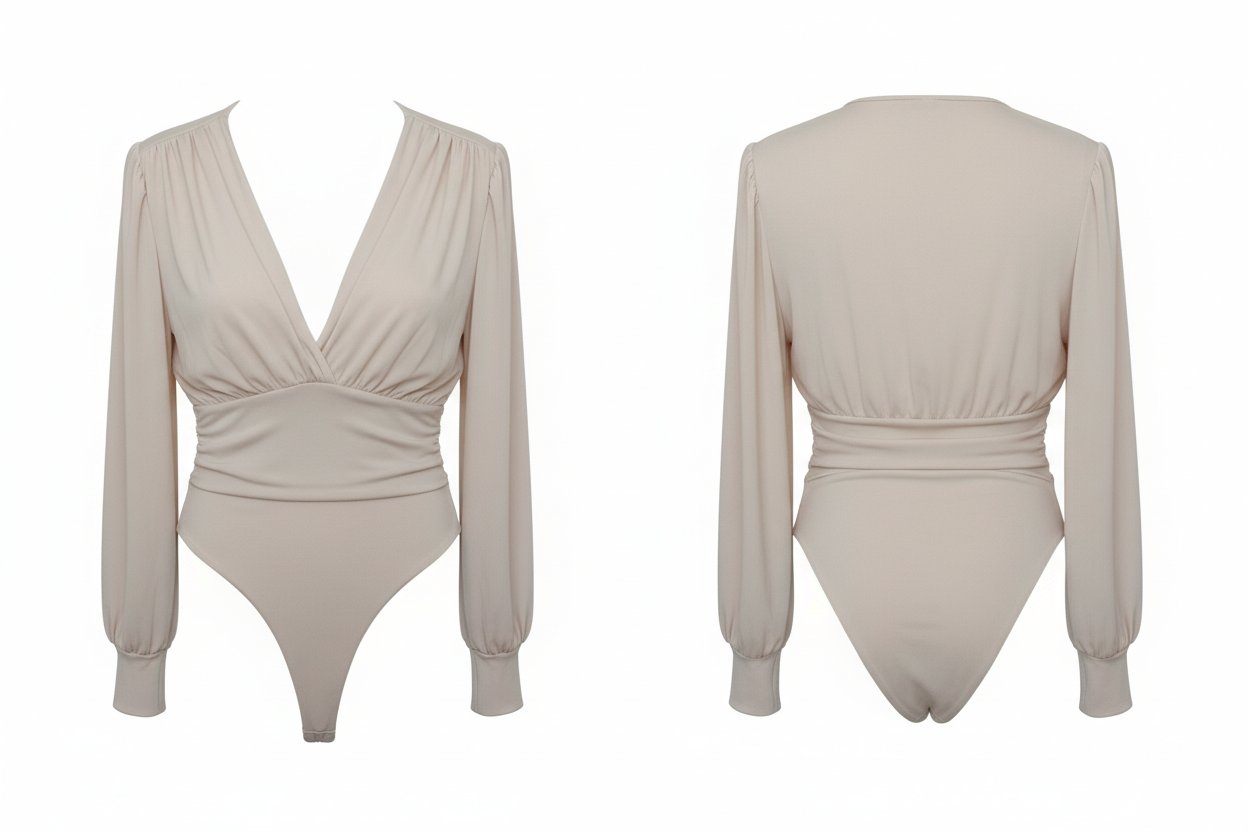Body Beige Col V Drapé - NEW COLLECTION - Taille M/L - Made in Italy - Pièce unique