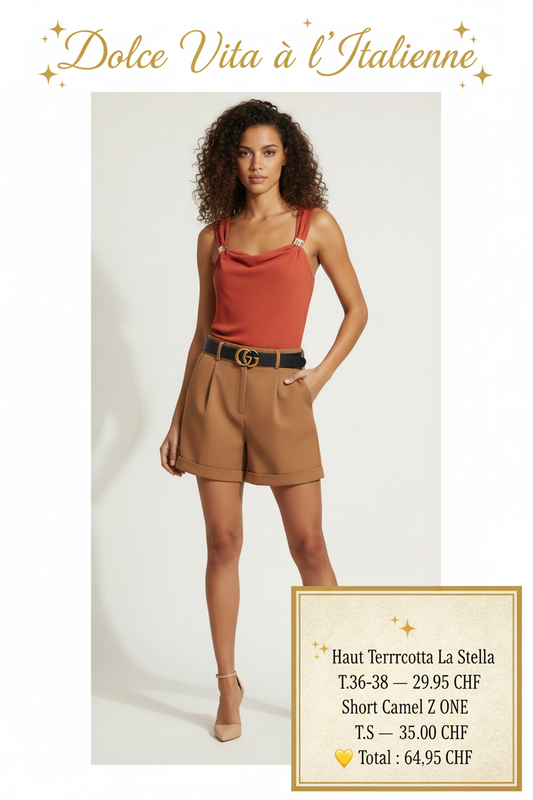 Look Dolce Vita à l'Italienne – Haut Terracotta et Short Camel, Modèle D Made in Italy