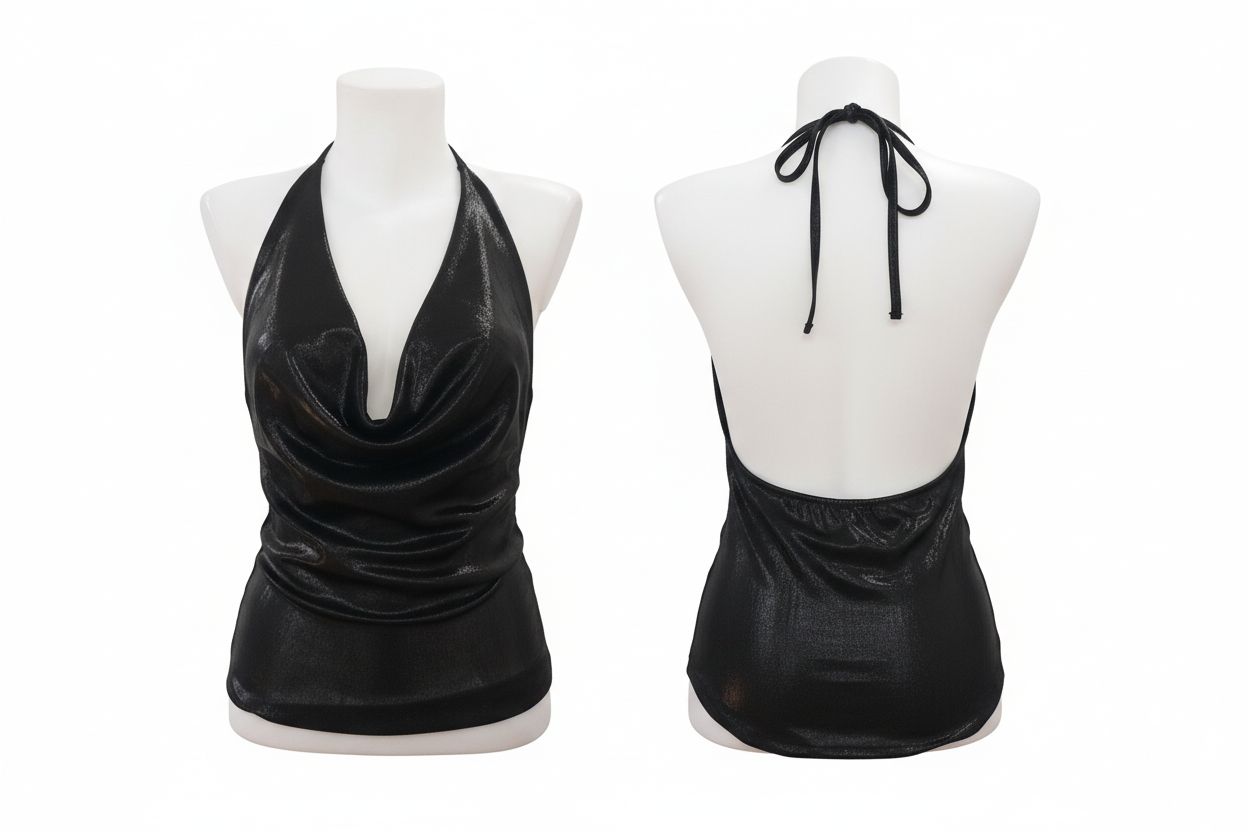 Top halter noir métallisé col V plongeant Made in Italy - Taille 36 à 40