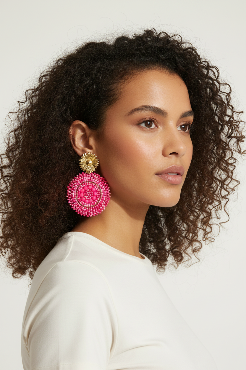 Boucles d'oreilles perles roses — Cercle fleuri doré
