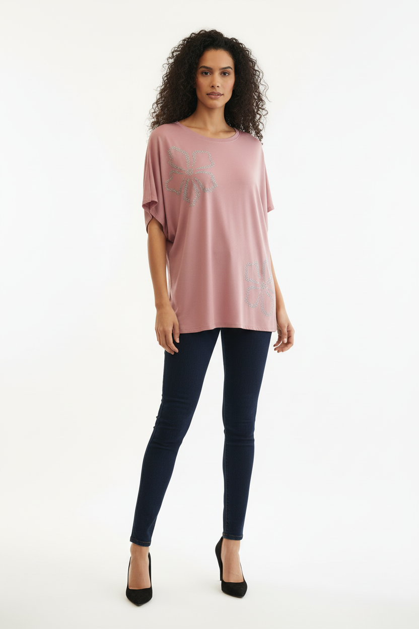 Top oversize rose poudré fleurs strass Foresta Bella – Taille XL/XXL - Made in Italy- Pièce unique