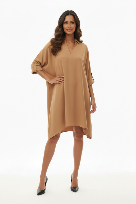 Tunique Camel Col V Manches 3/4 Grande Taille - Taille 50/52 - Made in Italy - Pièce unique