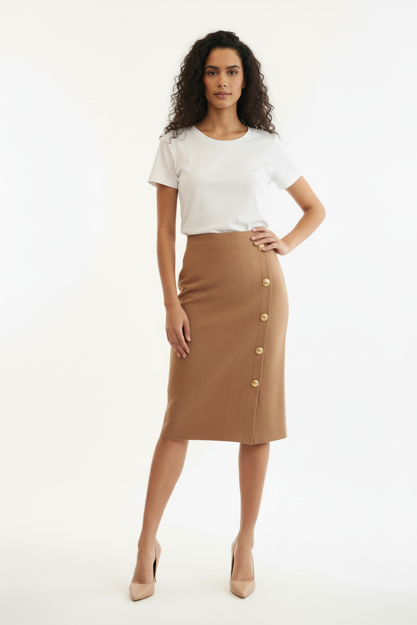 Jupe mi-longue camel tricot boutons dorés - Taille 38-40 - Made in Italy  - Deux pièces disponibles