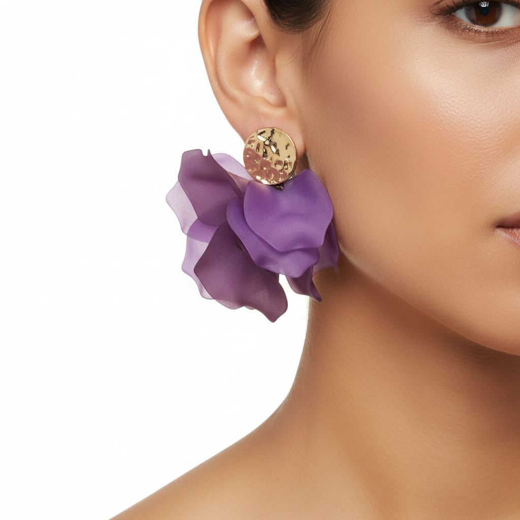 Boucles d'oreilles fleurs violettes & dorées