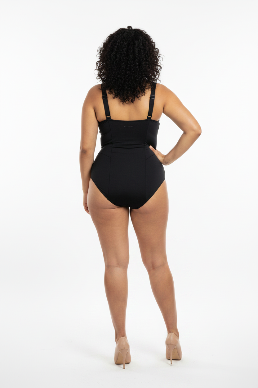 Bodysuit gainant noir vue dos mannequin courbes naturelles fond blanc