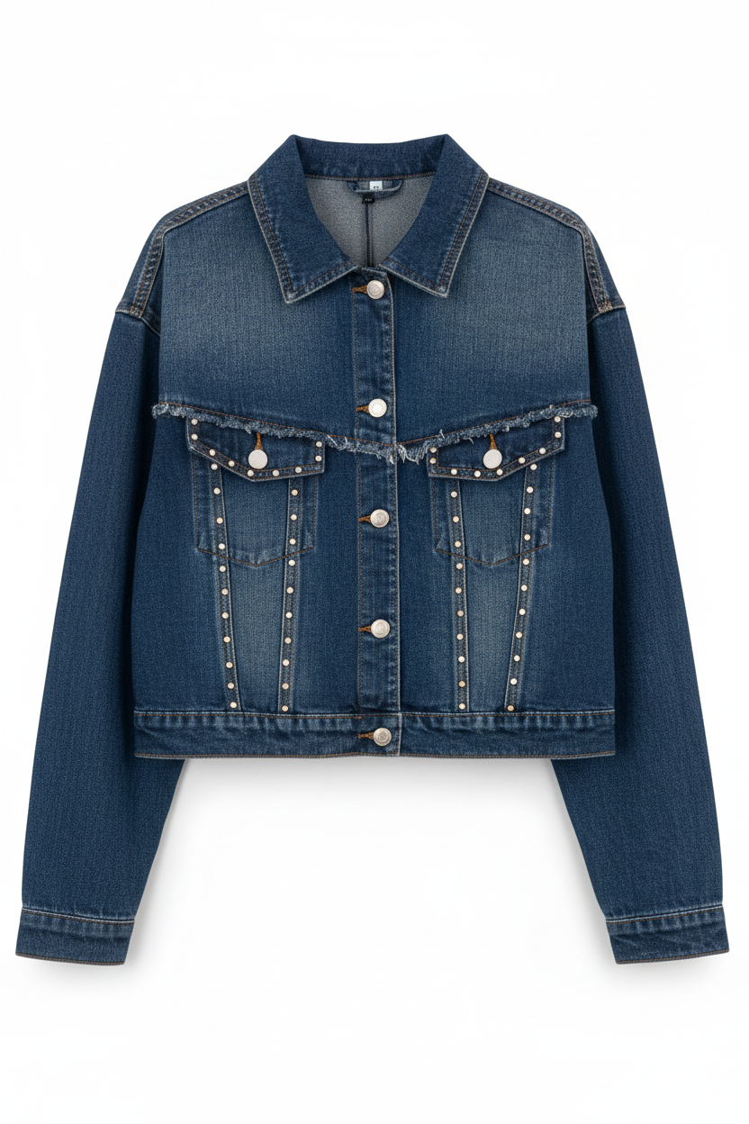Veste en jean studs & effilochée - Angelica 2000 - Taille L - Made in Italy - Pièce unique