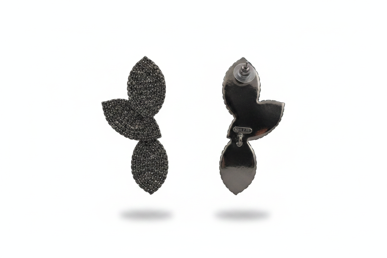 Boucles d'oreilles Double Feuille Strass Anthracite