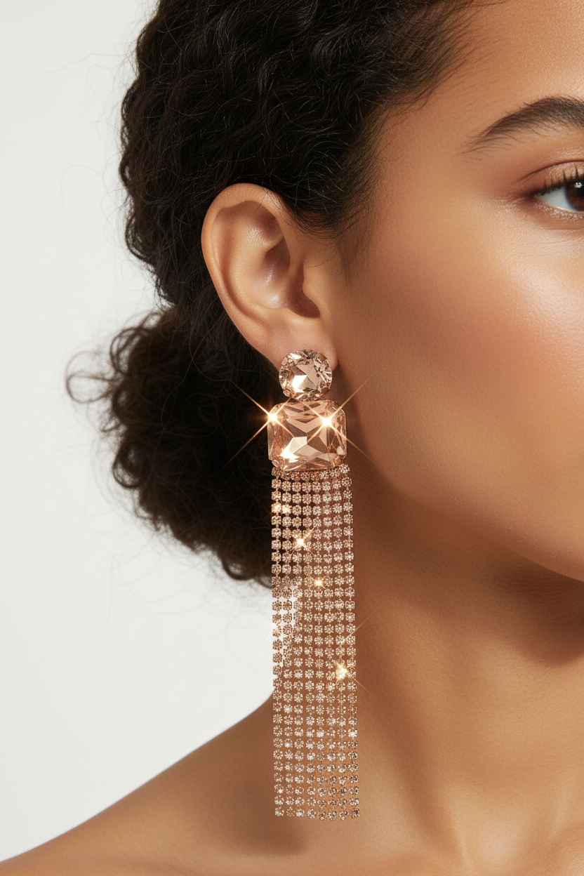 Boucles d'oreilles longues franges strass rose gold