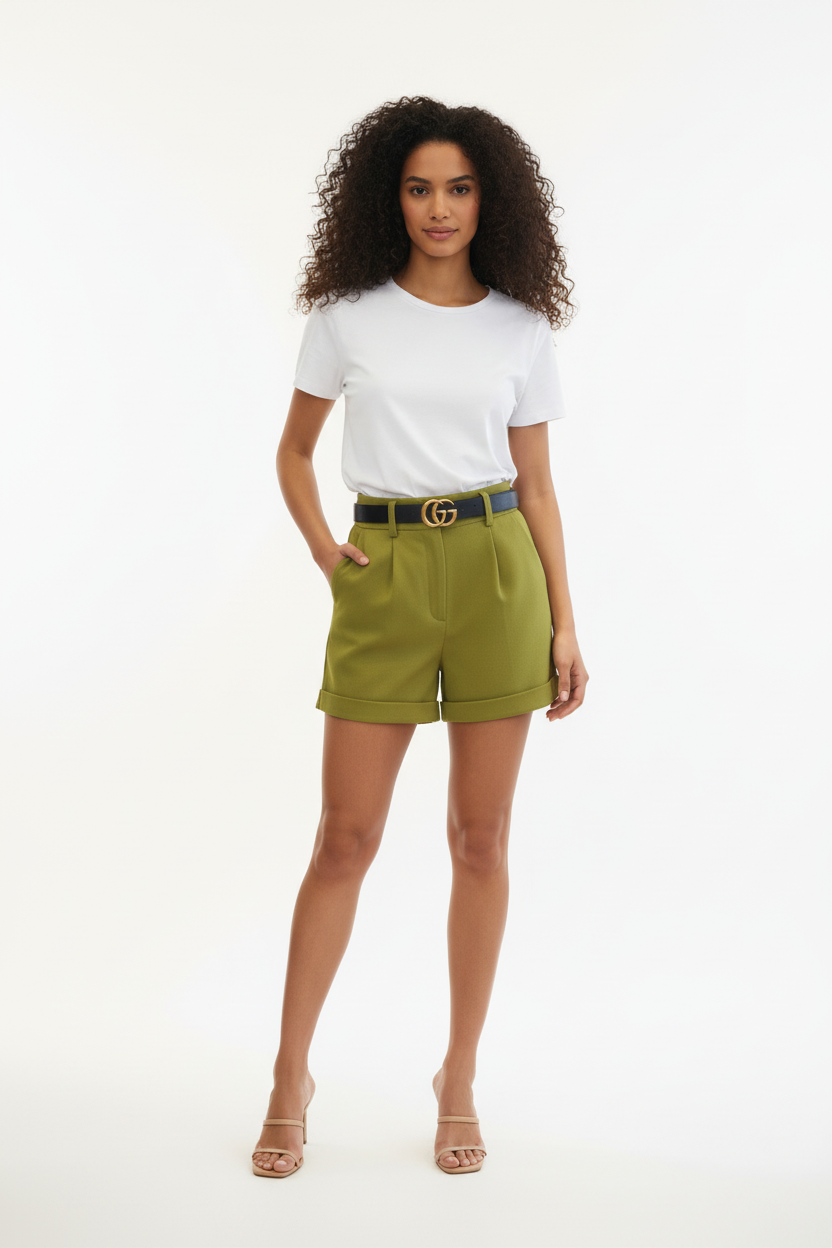Short Vert Olive - Z-ONE - Ceinture Cuir - Taille L - Made in Italy - Pièce unique