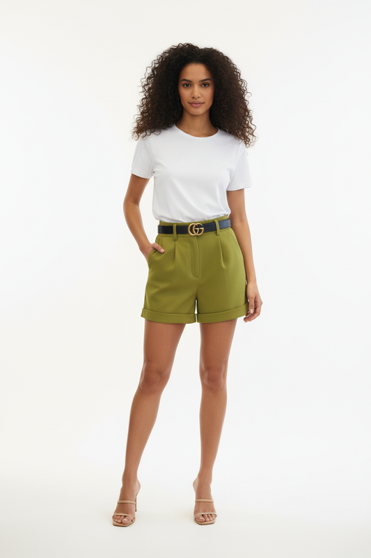 Short Vert Olive - Z-ONE - Ceinture Cuir - Taille L - Made in Italy - Pièce unique