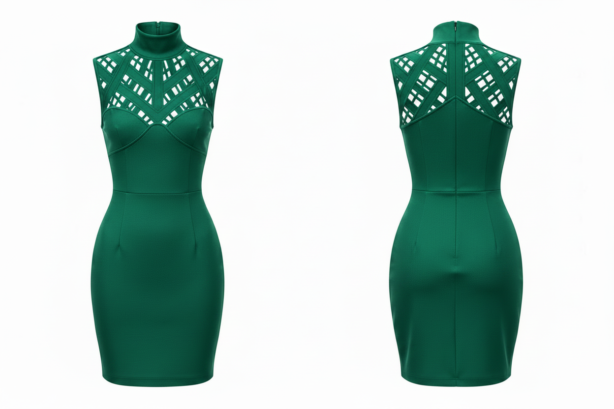 Robe Mini Vert Foncé Col Montant Découpes Treillis Miss Bonbon - Taille M - Made in Italy - Pièce unique