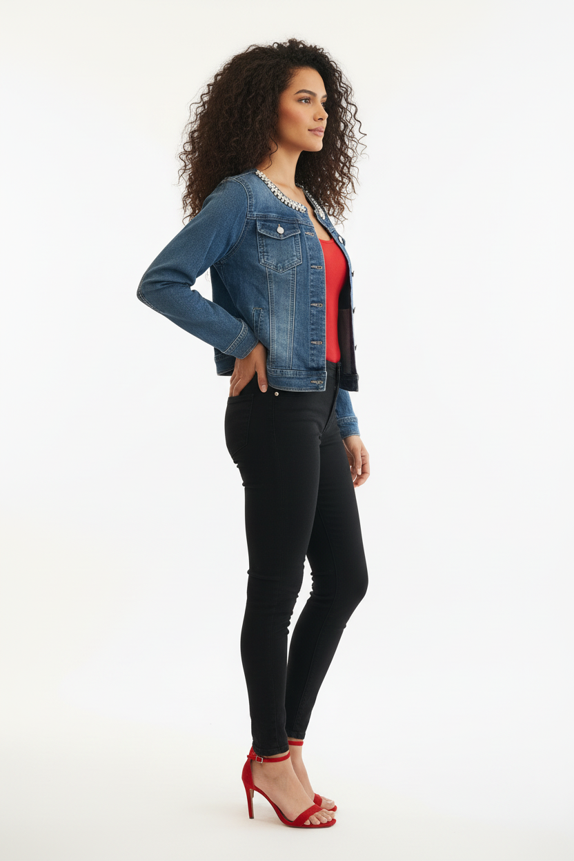 Blouson Jean - Miss Natalie - Perles & Strass - Taille L - Made in Italy  - Pièce unique
