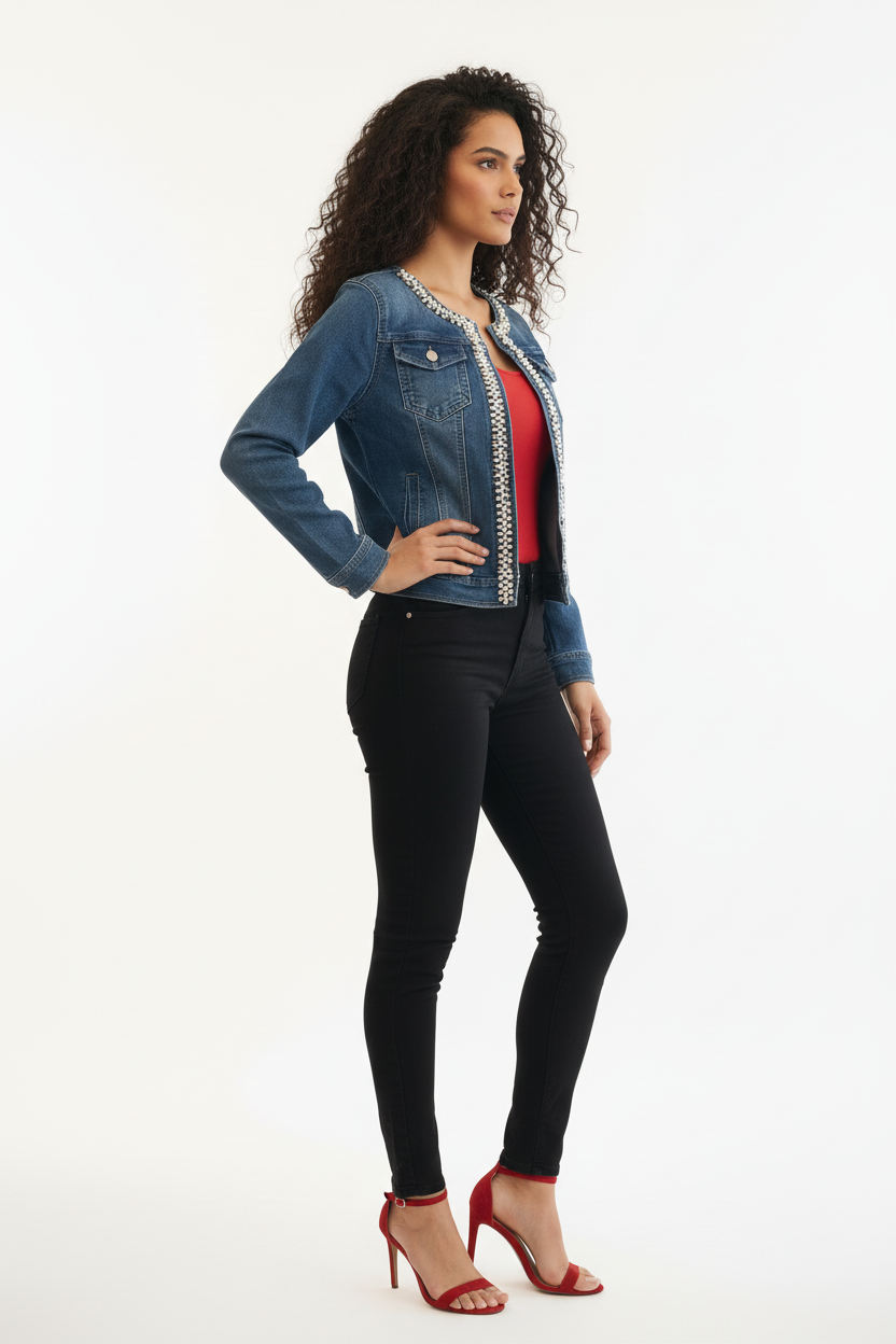 Blouson Jean - Miss Natalie - Perles & Strass - Taille XS - Made in Italy - Pièce unique