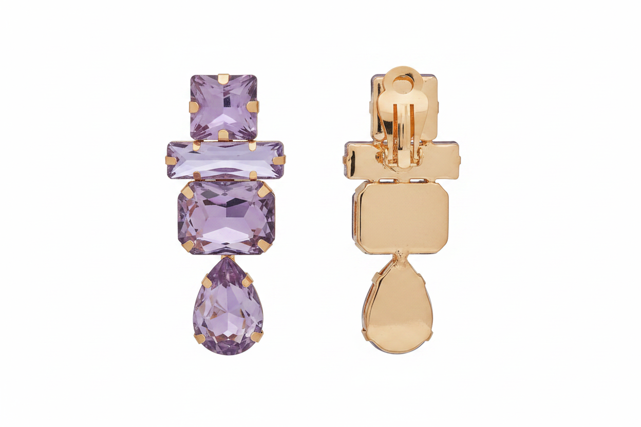 Boucles d'oreilles pendantes cristaux améthyste & Doré