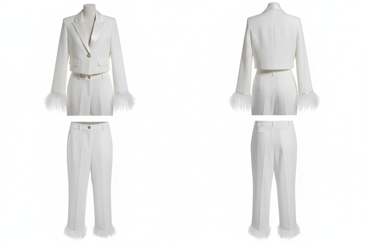 Tailleur Blanc Plumes - Blazer & Pantalon - Ariana Paula Designer  - Made in Italy - Pièce unique - Uniquement sur mesure et sur commande