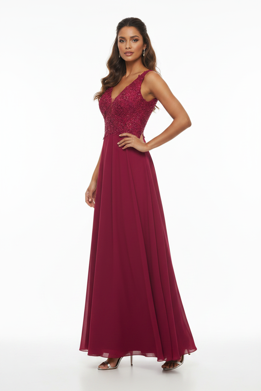 Robe Longue Framboise Dentelle Sequins Queen Bridal - Taille L