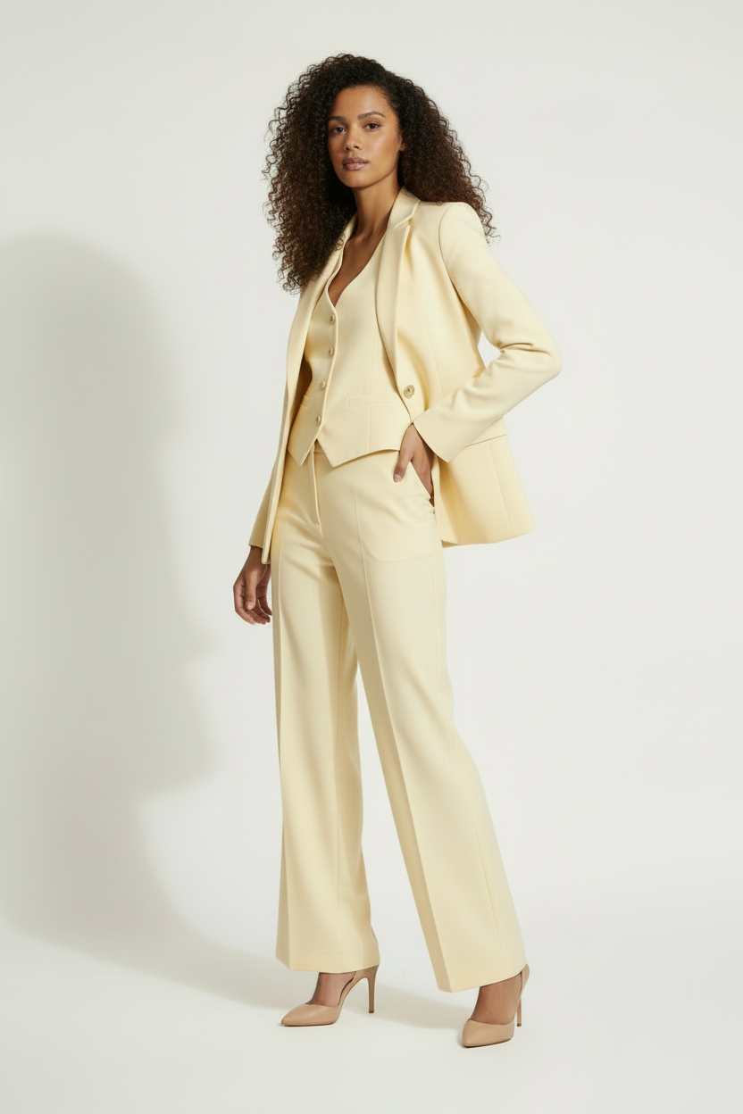 Ensemble 3 pièces crème blazer gilet pantalon large vue 3/4 face mannequin fond blanc
