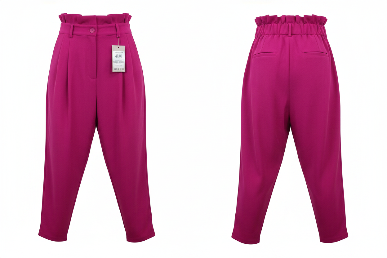 Pantalon fuchsia balloon ghost mannequin face et dos fond blanc