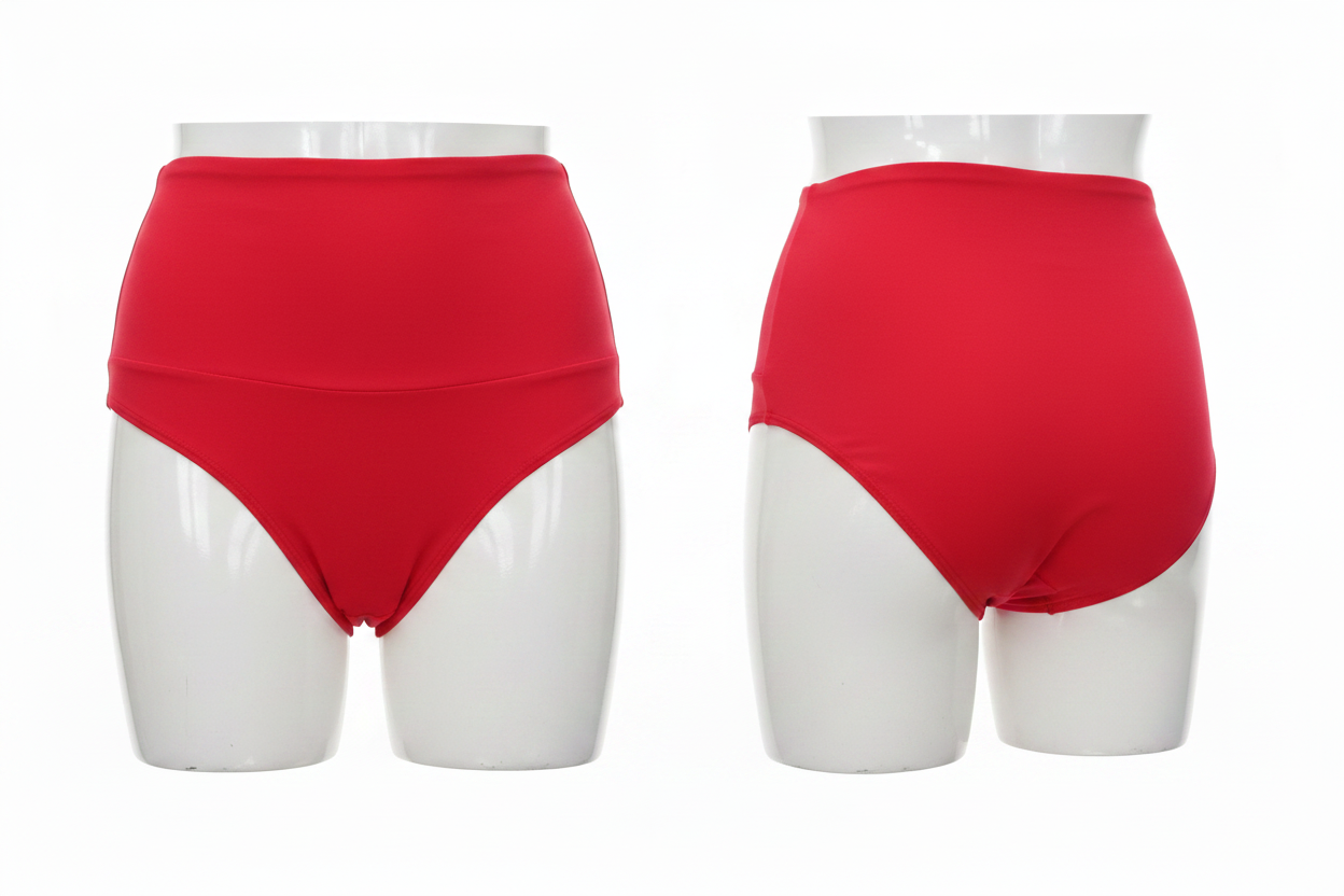 Culotte gainante brésilienne Divas rouge ghost mannequin face et dos côte à côte fond blanc