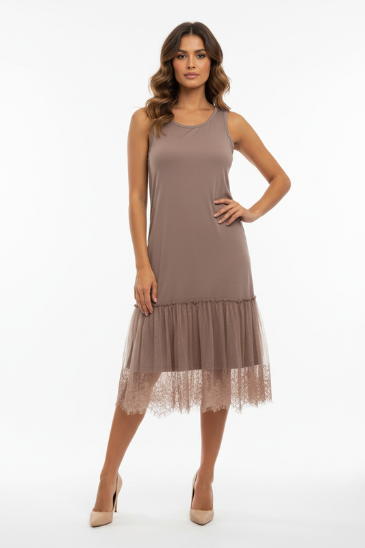Robe Taupe Tulle Dentelle - Liquì - Taille 36-38 - Made in Italy - Pièce unique