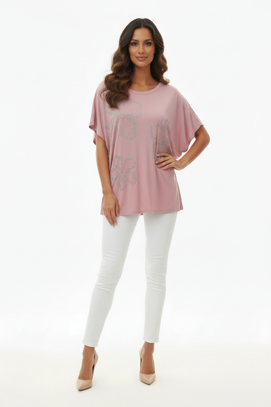 Top oversize rose poudré fleurs strass Foresta Bella – Taille XL/XXL - Made in Italy- Pièce unique