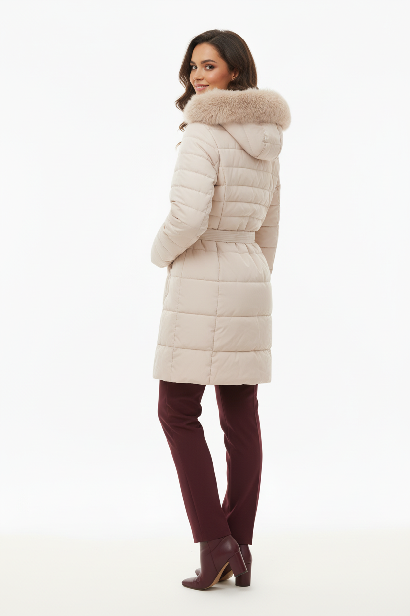 Manteau matelassé - Mélie Rose - Col fourrure & ceinture - Taille 2 XL/46 - Made in Italy - Pièce unique
