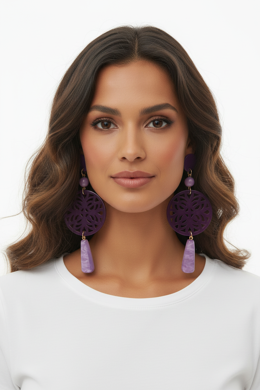 Boucles d'Oreilles Violettes Disque Ajouré