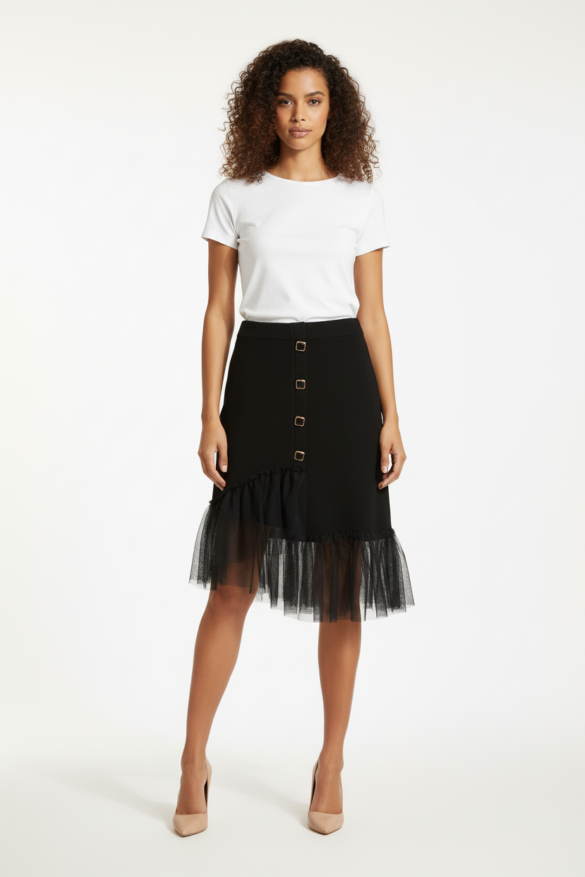 Jupe noire tricot tulle 4 boutons carrés - Taille 38-40- Made in Italy- Pièce unique