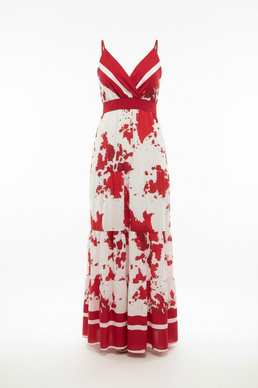Robe Longue - New Fantasia - Rouge & Blanc  - Élégance Florale - Taille 36-38 - Made in Italy - Pièce unique