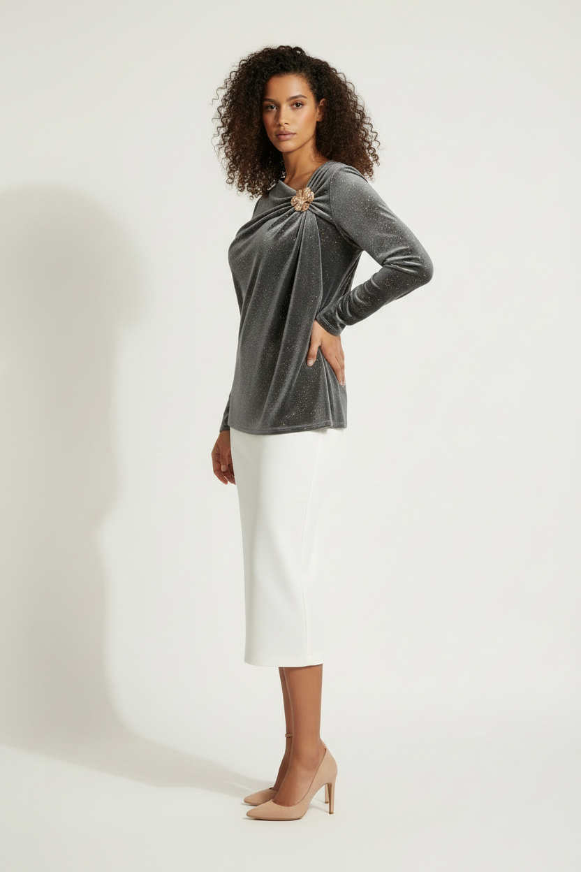 Top Pailleté Gris Drapé Broche Dorée Manches Longues - Taille 40-44  - Pièce unique