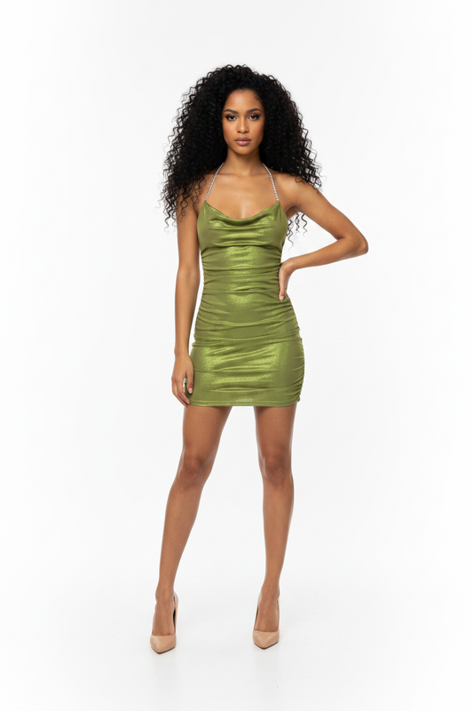 Mini Robe Métallique Dos Nu Bretelles Strass Vert Kaki - Taille S - Pièce unique