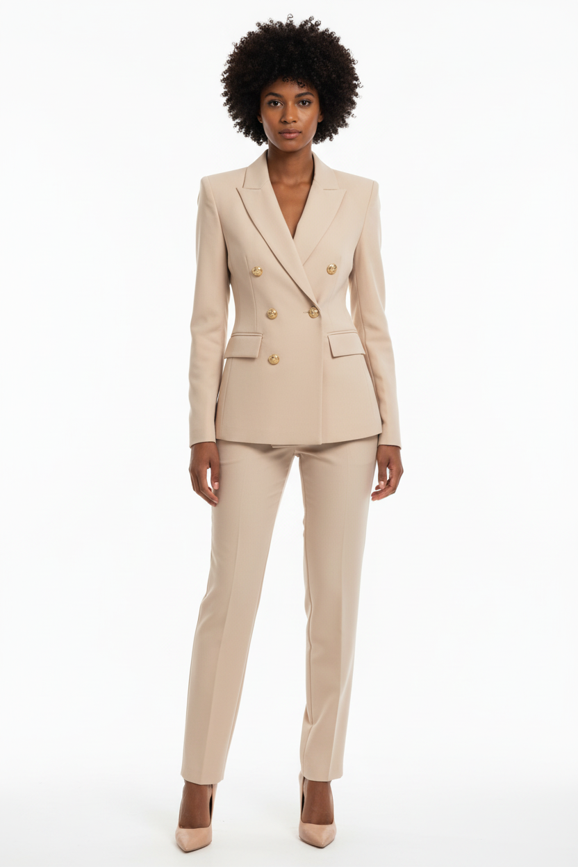 Tailleur Beige - New Collection - Blazer Double Boutonnage & Pantalon Droit - Taille S - Made in Italy - Pièce Unique