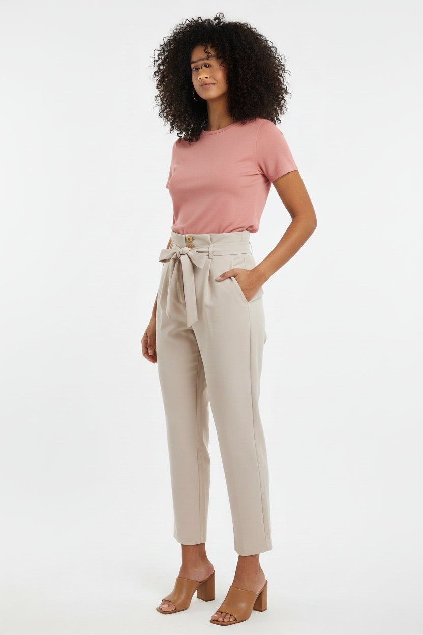 Pantalon Beige - Taille Haute - Paper Bag - NEW COLLECTION - Taille L - Made in Italy - Pièce unique